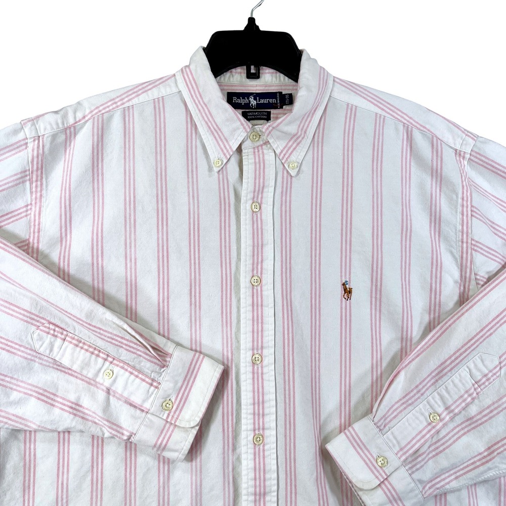 Ralph Lauren Yarmouth Oxford Mens 17.5 White Pink Stripe Cotton Dress Shirt